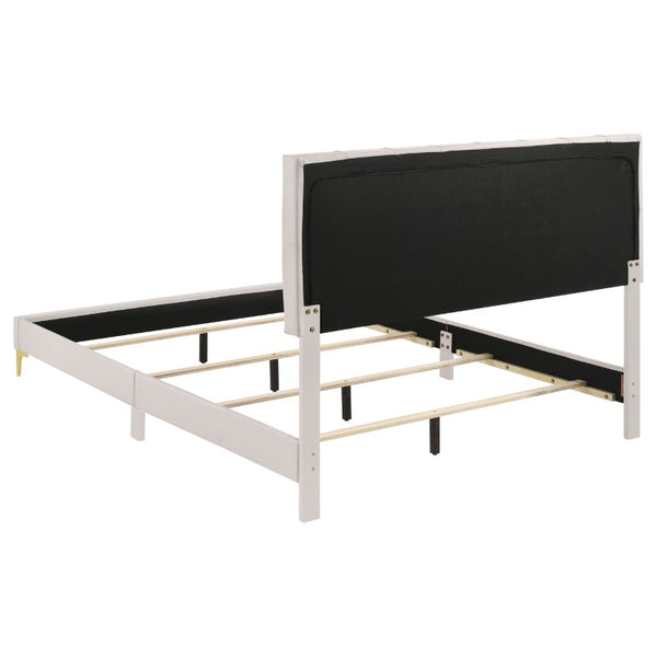 English Elm Sterling White Faux Leather Queen Bedroom Set with Mirrored Dresser and Metal Legs B2777S00833