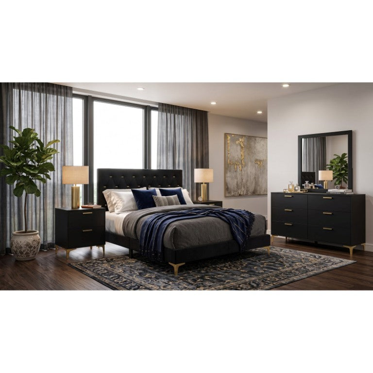 English Elm Sterling Black Upholstered Queen Bedroom Set with Panel Headboard and Metal Legs B2777S00834