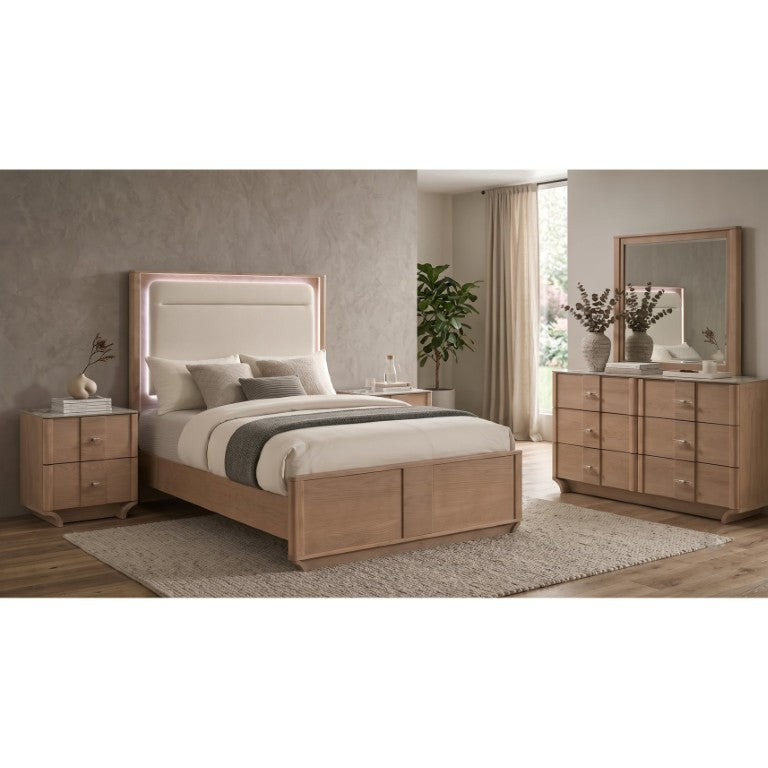 English Elm Meridian Queen Bedroom Set with LED Headboard Sintered Stone and Light Oak Finish B2777S00838