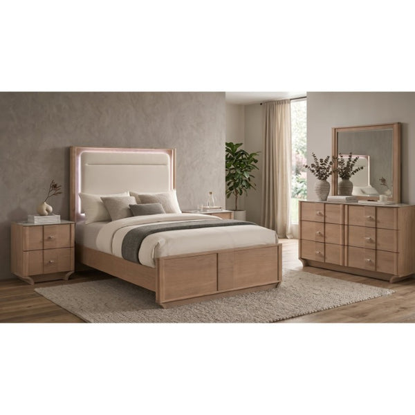 English Elm Meridian Queen Bedroom Set with LED Headboard Sintered Stone and Light Oak Finish B2777S00838