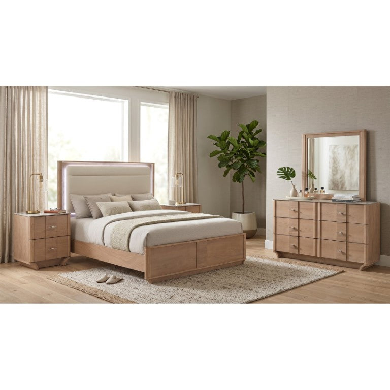 English Elm Meridian Eastern King Bedroom Set with LED Headboard Sintered Stone Tops Oak Finish B2777S00839