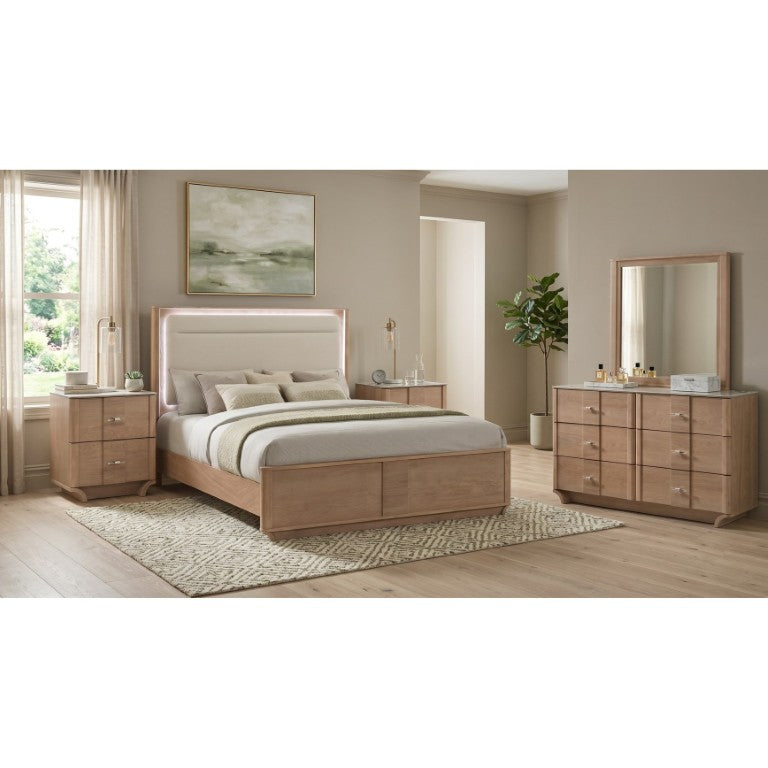 English Elm Meridian Eastern King Bedroom Set with LED Headboard Sintered Stone Tops Oak Finish B2777S00839