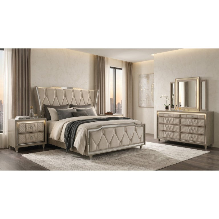 English Elm Velmont Wingback Queen Bedroom Set Velvet Upholstered Glam Suite with LED Lighting B2777S00840