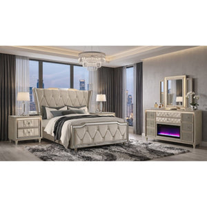 English Elm Velmont Queen Bedroom Set with Velvet Wingback Bed LED Lighting and Crystal Knobs B2777S00841