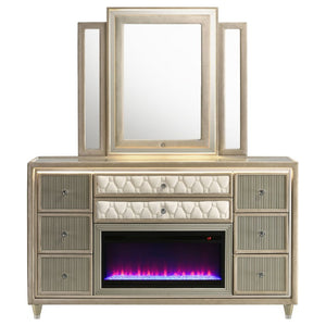 English Elm Velmont Queen Bedroom Set with Velvet Wingback Bed LED Lighting and Crystal Knobs B2777S00841