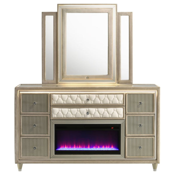 English Elm Velmont Queen Bedroom Set with Velvet Wingback Bed LED Lighting and Crystal Knobs B2777S00841