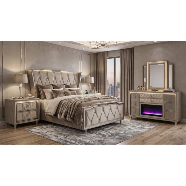English Elm Velmont Queen Bedroom Set with Velvet Wingback Bed LED Lighting and Crystal Knobs B2777S00841