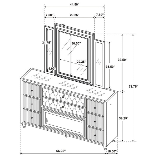 English Elm Velmont Queen Bedroom Set with Velvet Wingback Bed LED Lighting and Crystal Knobs B2777S00841