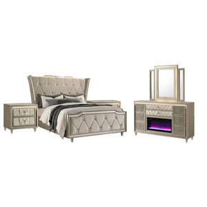 English Elm Velmont Queen Bedroom Set with Velvet Wingback Bed LED Lighting and Crystal Knobs B2777S00841