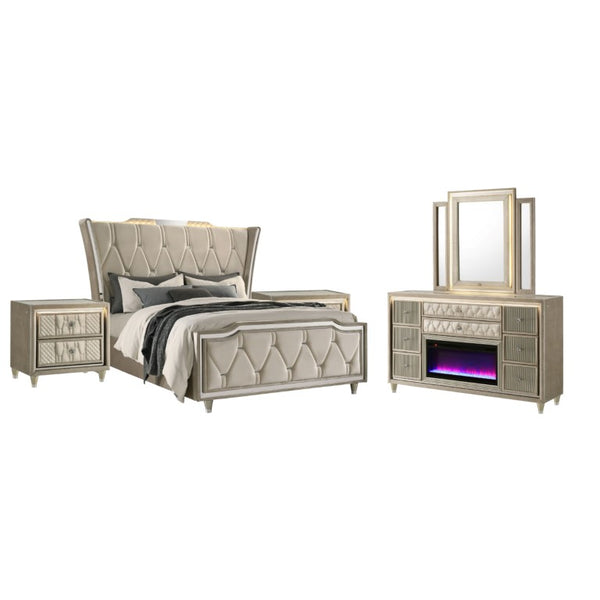 English Elm Velmont Queen Bedroom Set with Velvet Wingback Bed LED Lighting and Crystal Knobs B2777S00841