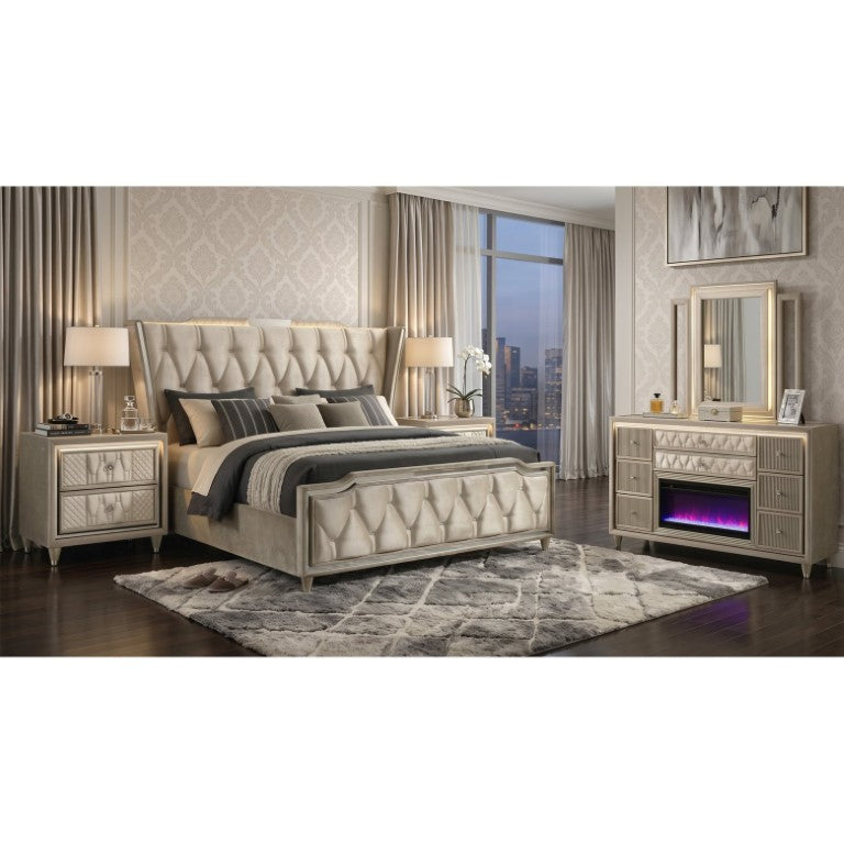 English Elm Velmont Wingback Velvet King Bedroom Set with LED Lighting and Crystal Knob Accents B2777S00843
