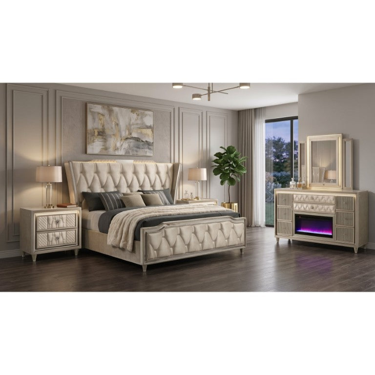 English Elm Velmont Wingback Velvet King Bedroom Set with LED Lighting and Crystal Knob Accents B2777S00843