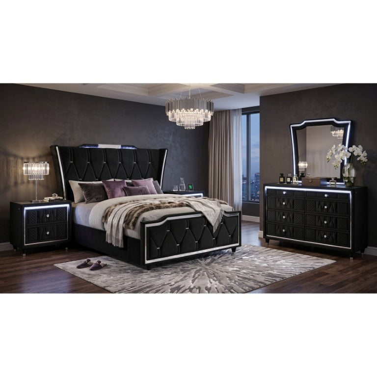 English Elm Velmont Black Velvet Queen Bedroom Set with LED Lighting and Crystal Hardware B2777S00844
