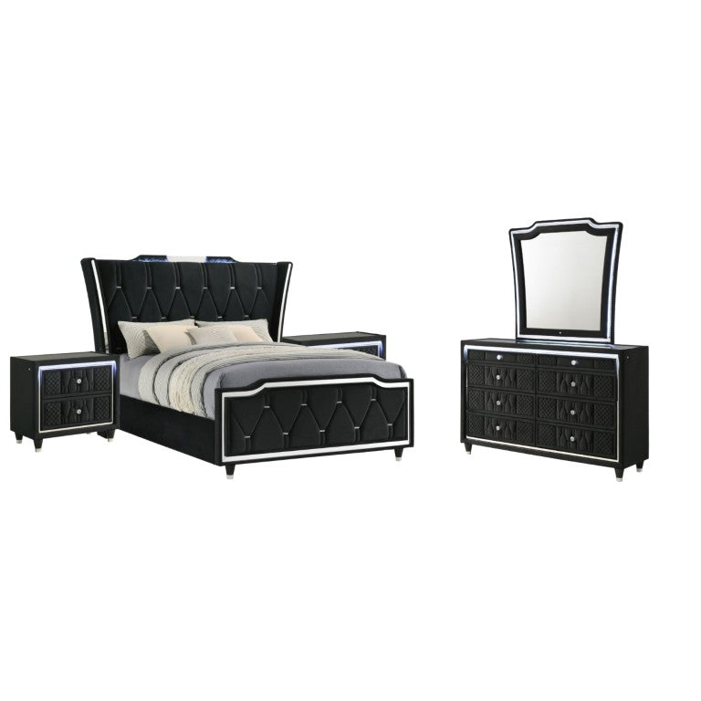 English Elm Velmont Black Velvet Queen Bedroom Set with LED Lighting and Crystal Hardware B2777S00844
