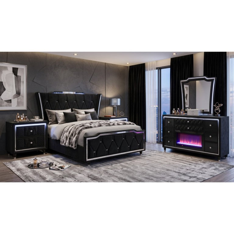 English Elm Velmont Queen Wingback Bedroom Set Black Velvet LED Lighting Crystal Knob Accents B2777S00845