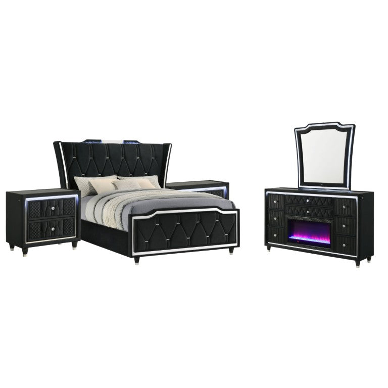 English Elm Velmont Queen Wingback Bedroom Set Black Velvet LED Lighting Crystal Knob Accents B2777S00845