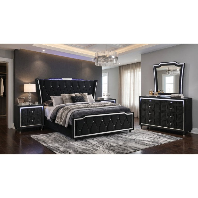 English Elm Velmont Black Velvet Eastern King Bedroom Set with LED Lighting and Crystal Knobs B2777S00846