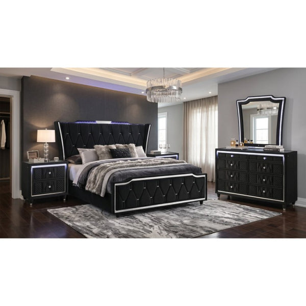 English Elm Velmont Black Velvet Eastern King Bedroom Set with LED Lighting and Crystal Knobs B2777S00846
