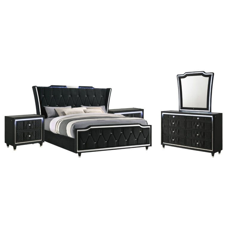 English Elm Velmont Black Velvet Eastern King Bedroom Set with LED Lighting and Crystal Knobs B2777S00846