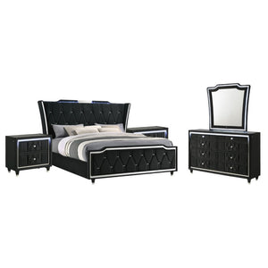 English Elm Velmont Black Velvet Eastern King Bedroom Set with LED Lighting and Crystal Knobs B2777S00846