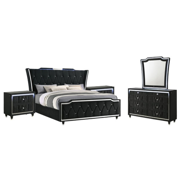 English Elm Velmont Black Velvet Eastern King Bedroom Set with LED Lighting and Crystal Knobs B2777S00846