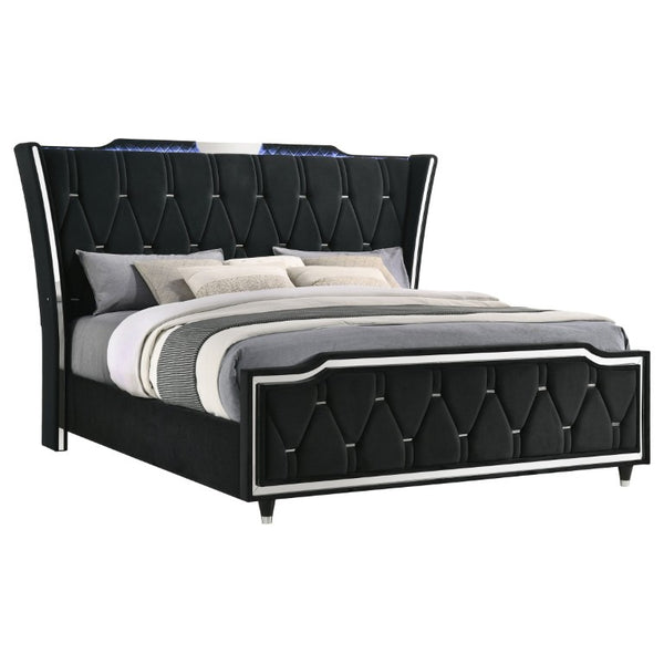 English Elm Velmont Black Velvet Eastern King Bedroom Set with LED Lighting and Crystal Knobs B2777S00846