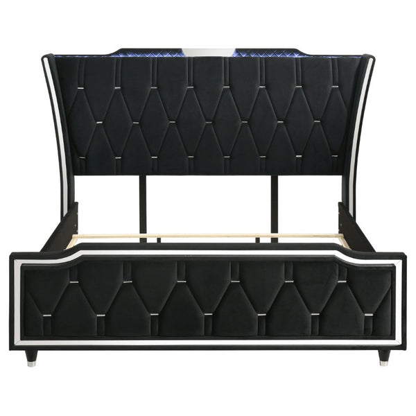 English Elm Velmont Black Velvet Eastern King Bedroom Set with LED Lighting and Crystal Knobs B2777S00846