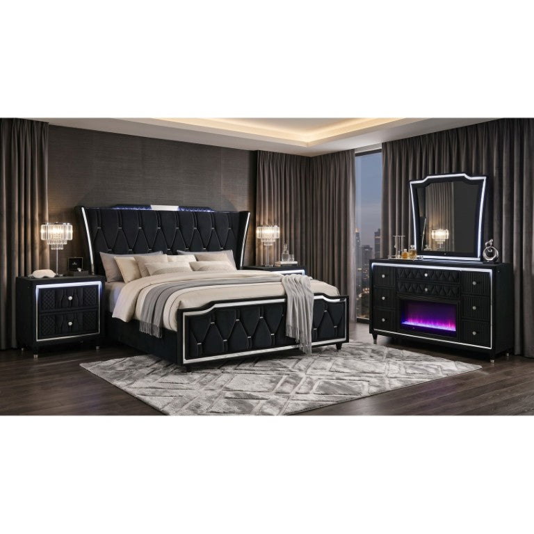 English Elm Velmont Black Velvet Eastern King Bedroom Set with LED Lighting and Crystal Hardware B2777S00847