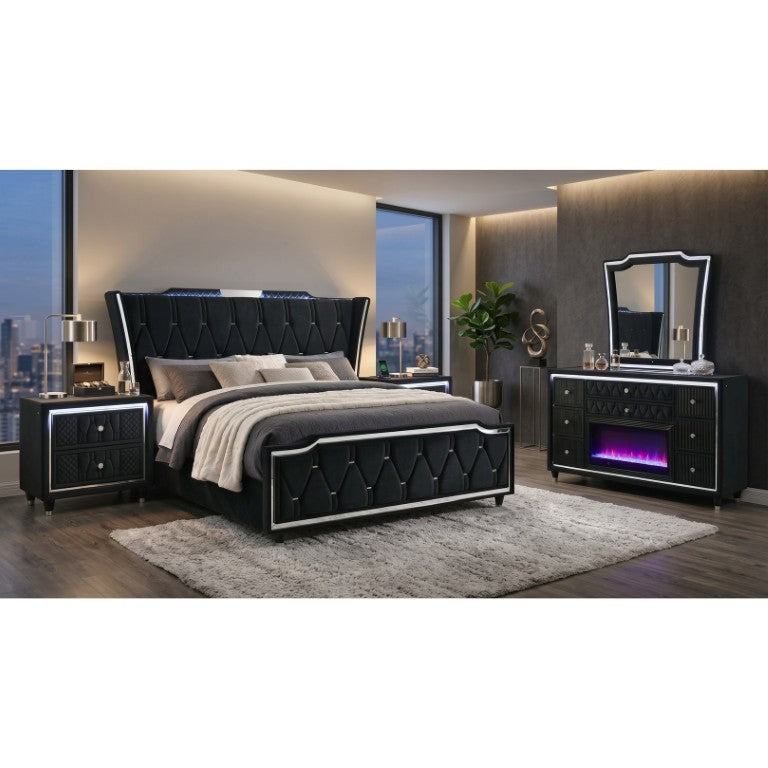 English Elm Velmont Black Velvet Eastern King Bedroom Set with LED Lighting and Crystal Hardware B2777S00847