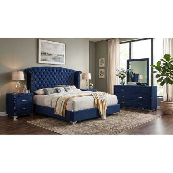 English Elm Windermere Queen Bedroom Set Velvet Wingback Tufted Headboard with Chrome Nailhead Trim B2777S00856