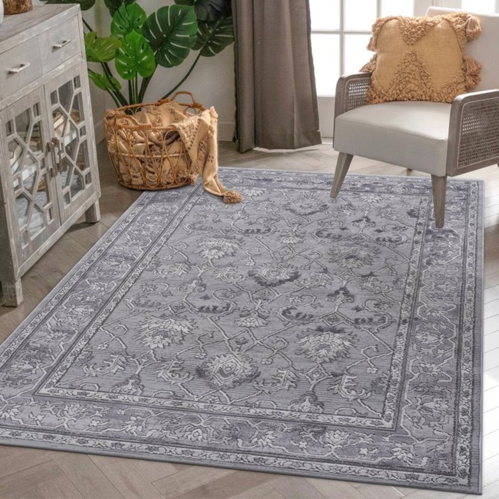 English Elm Loom and Luxe Oriental Grey Synthetic Area Rug Stain Resistant Low Pile for Any Room B335P289404