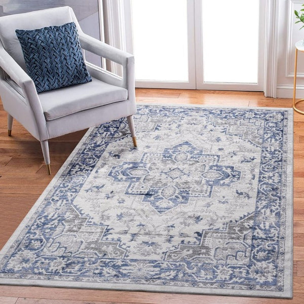 English Elm Loom and Luxe Oriental Machine Woven Stain Resistant Synthetic Loop Pile Area Rug Blue+Grey B335P289415