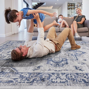 English Elm Loom and Luxe Oriental Machine Woven Stain Resistant Synthetic Loop Pile Area Rug Blue+Grey B335P289415