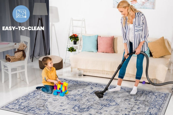 English Elm Loom and Luxe Oriental Machine Woven Stain Resistant Synthetic Loop Pile Area Rug Blue+Grey B335P289415