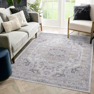 English Elm Loom and Luxe Oriental Area Rug Machine Woven Stain Resistant for Living Dining Spaces Ivory B335P289424