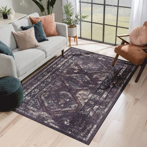 English Elm Loom and Luxe Washable Low Pile Area Rug Bohemian Style for Living Room or Bedroom Burgundy/Black B335P289920