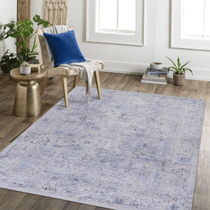 English Elm Loom and Luxe Washable Low Pile Area Rug Bohemian Style for Living Room or Bedroom Blue/Cream B335P289968