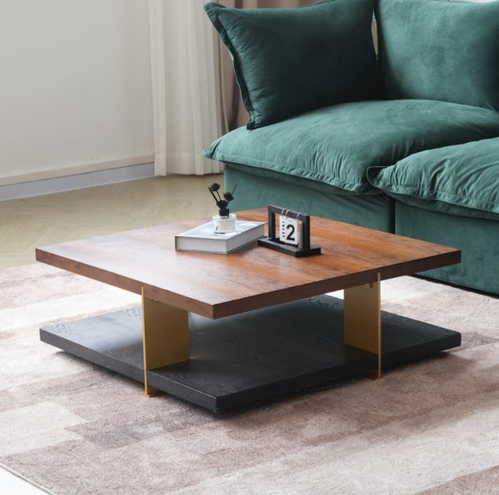 English Elm Coffee Table Two Tier Square Walnut Wood Gold Metal Frame Mid-century Living Room B341P383664