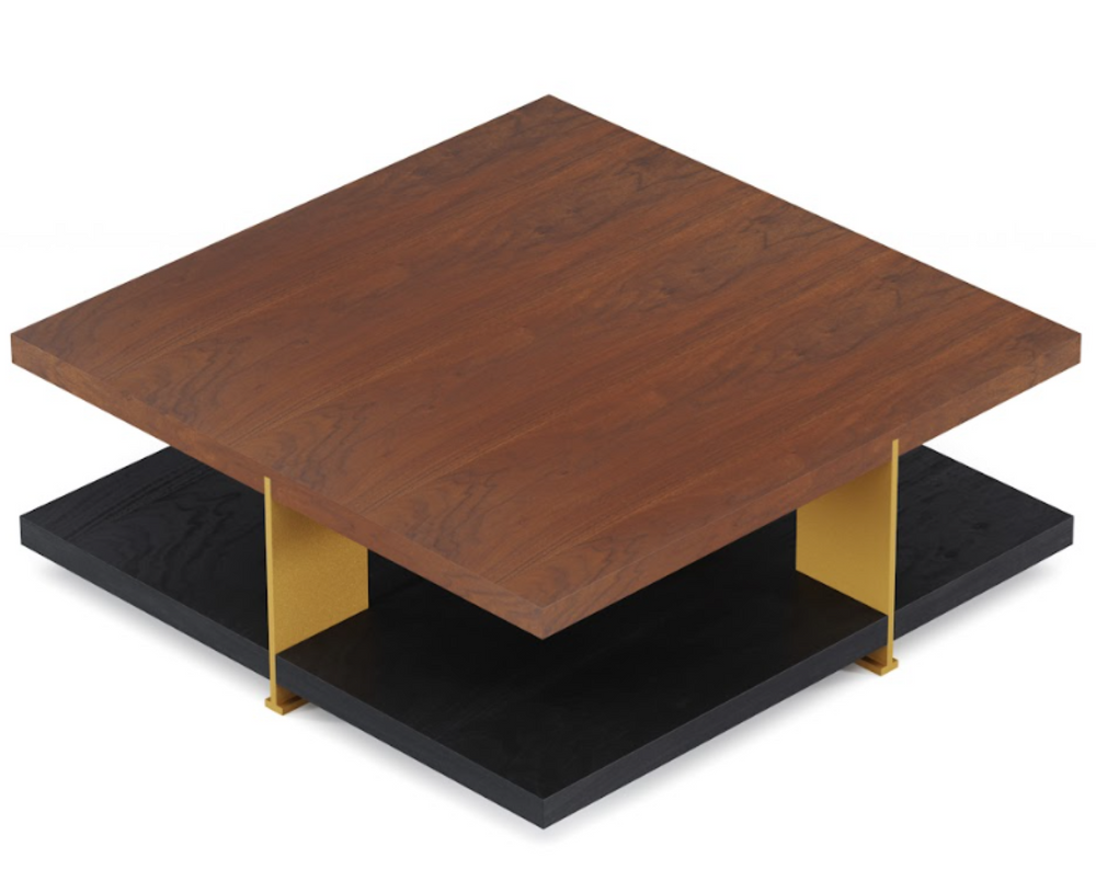 English Elm Coffee Table Two Tier Square Walnut Wood Gold Metal Frame Mid-century Living Room B341P383664