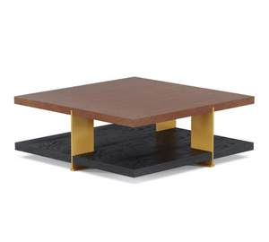 English Elm Coffee Table Two Tier Square Walnut Wood Gold Metal Frame Mid-century Living Room B341P383664