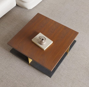 English Elm Coffee Table Two Tier Square Walnut Wood Gold Metal Frame Mid-century Living Room B341P383664