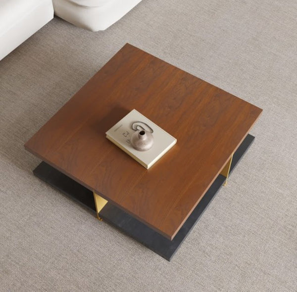 English Elm Coffee Table Two Tier Square Walnut Wood Gold Metal Frame Mid-century Living Room B341P383664