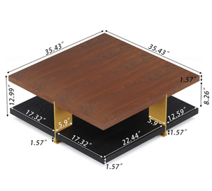 English Elm Coffee Table Two Tier Square Walnut Wood Gold Metal Frame Mid-century Living Room B341P383664