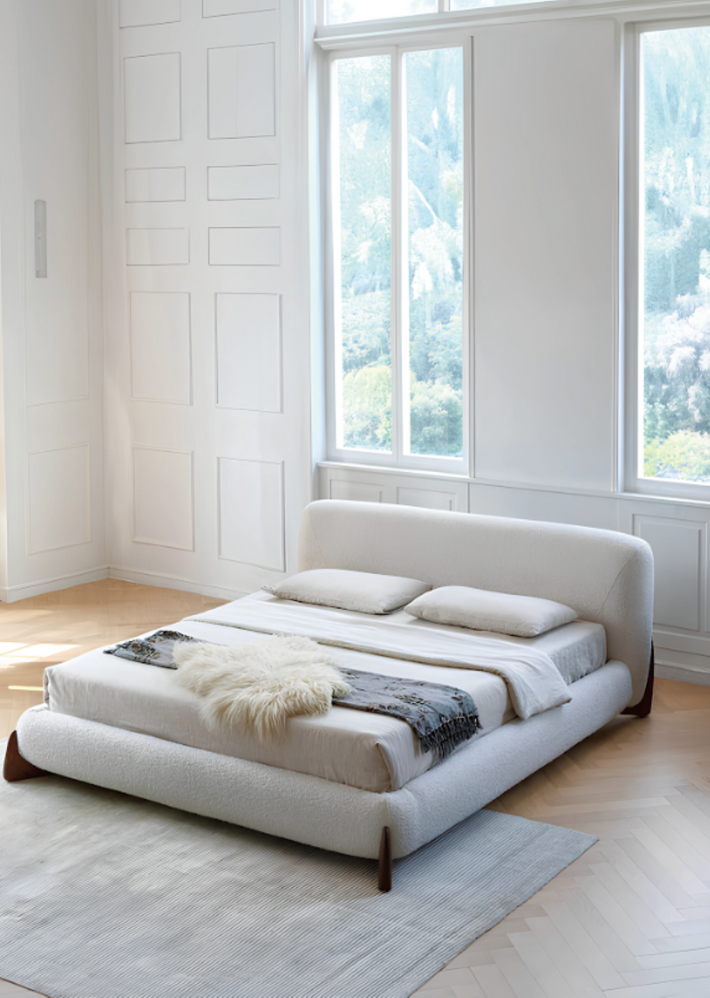 English Elm Modern Lamb Wool Upholstered Platform Bed Solid Wood Legs Minimalist Bedroom B341S00046