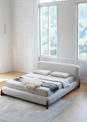 English Elm Modern Lamb Wool Upholstered Platform Bed Solid Wood Legs Minimalist Bedroom B341S00046