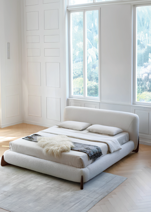 English Elm Modern Lamb Wool Upholstered Platform Bed Solid Wood Legs Minimalist Bedroom B341S00046