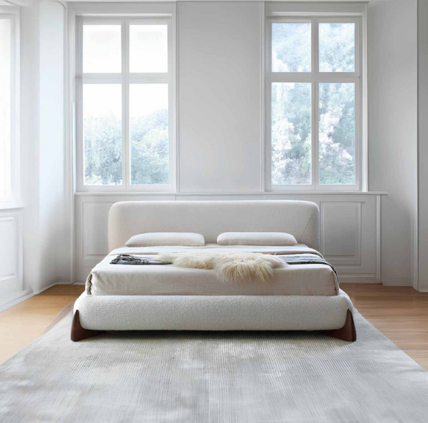 English Elm Modern Lamb Wool Upholstered Platform Bed Solid Wood Legs Minimalist Bedroom B341S00046
