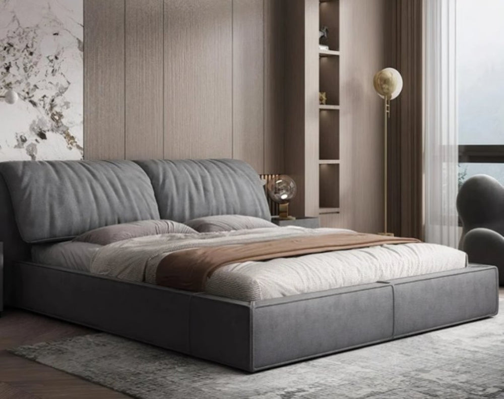 English Elm Preferred Suede Upholstered Platform Bed Solid Wood Legs Low Profile Modern Frame B341S00047