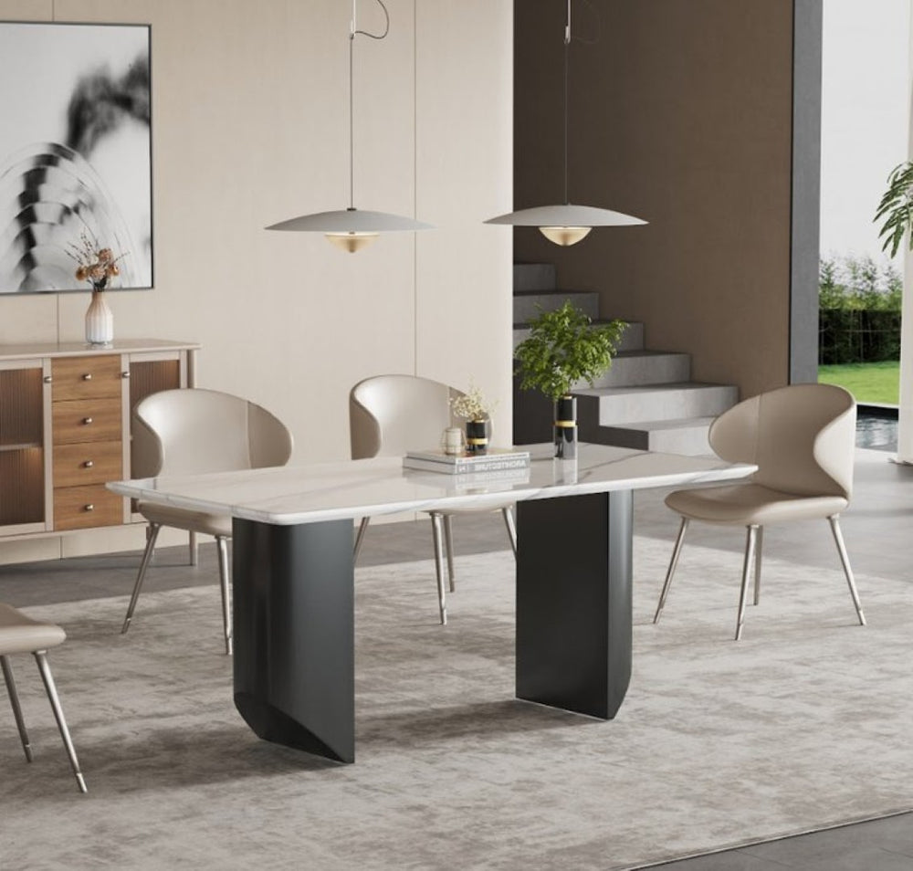 English Elm Light Luxury Marble Rectangular Dining Table with Slim Metal Legs for Modern Spaces B341S00048