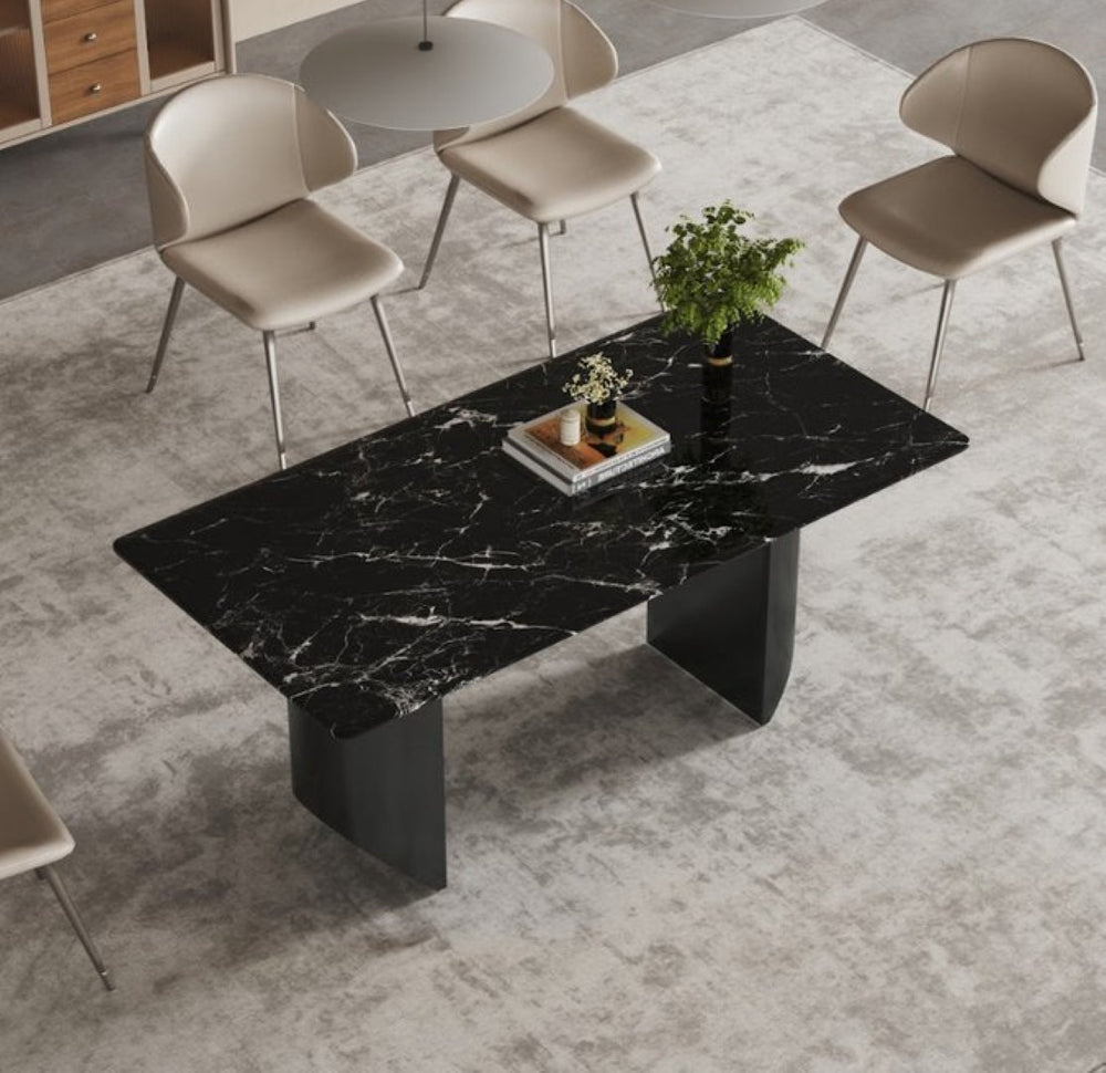 English Elm Black Veined Marble Dining Table with Steel Legs Seats Six for Formal Rooms B341S00050